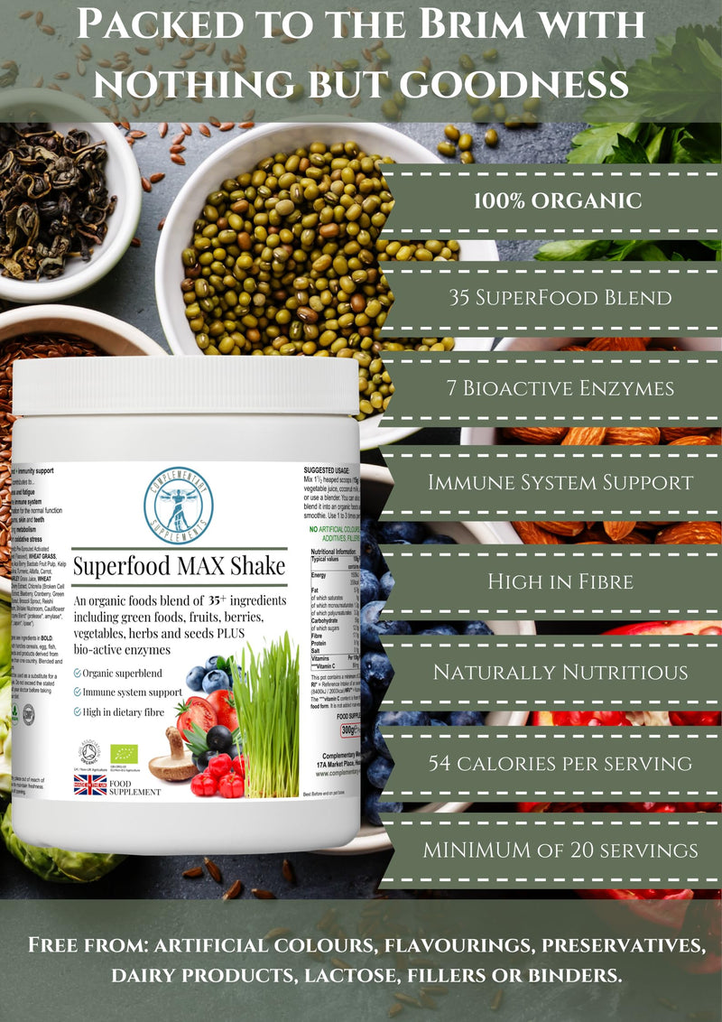 Superfood MAX Shake - 35 Superfoods - Organic Supergreens - 20 Servings - Pure & Vegan - 300g Powder