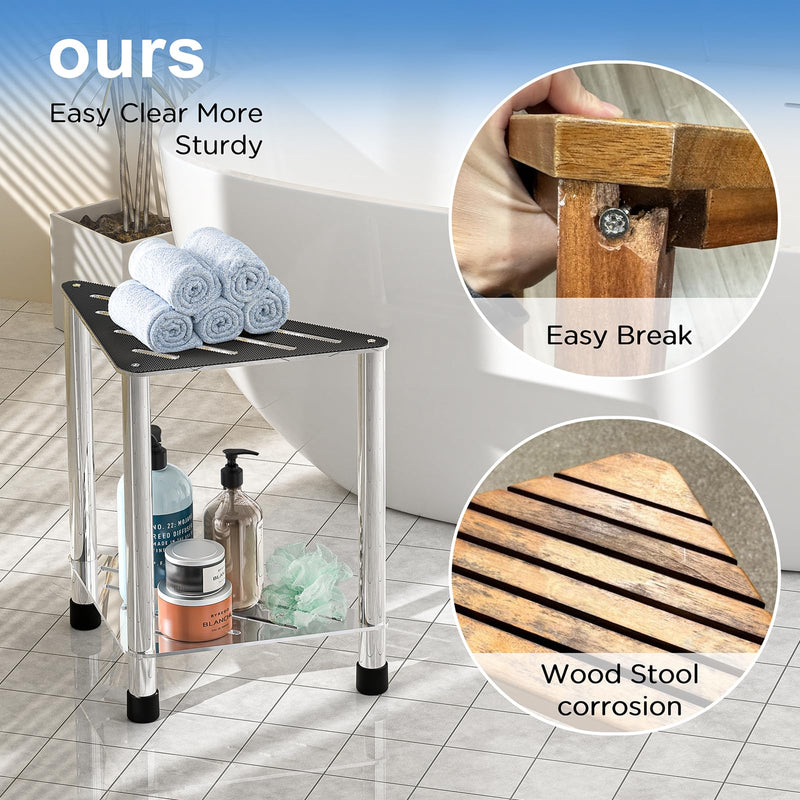[Australia] - Stainless Steel Shower Stool for Inside Shower, 15.4'' H Shower Foot Rest, Corner Shower Stool with Storage Shelf, Shower Step for Shaving Legs, Bathroom Corner Shower Bench, Silver Medium 