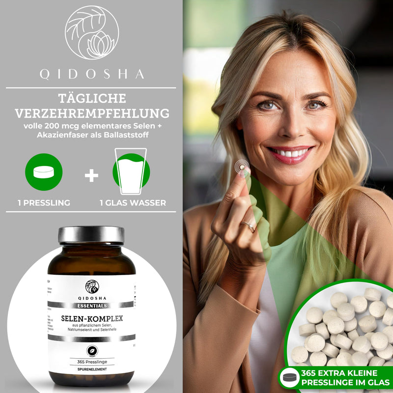 [Australia] - QIDOSHA® Selenium complex, 365 tablets with 200µg selenium each, complex made from plant-based selenium, sodium selenite and selenomethionine, vegan, German production, each batch laboratory tested, high-dose selenium 