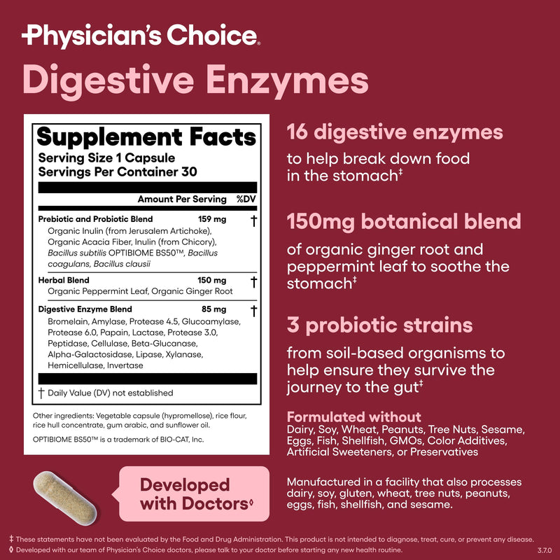 [Australia] - Physician's CHOICE Digestive Enzymes - Multi Enzymes, Bromelain, Organic Prebiotics & Probiotics for Digestive Health & Gut Health - Bloating & Meal Time Discomfort - Dual Action - All Diets - 30 CT 