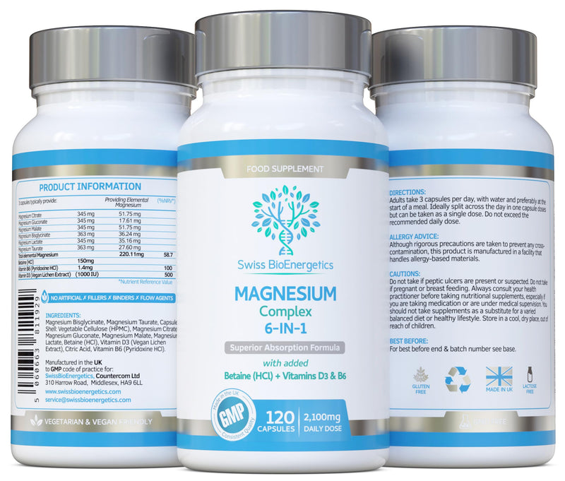 Magnesium Complex 6-in-1 | Max Absorption Formula 2100mg of Magnesium Bisglycinate, Magnesium Taurate, Magnesium Citrate, Magnesium Gluconate, Magnesium Malate, Magnesium Lactate, Vegan UK Made