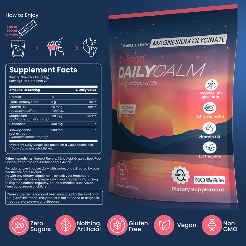 Sukoon Dailycalm Powdered Drink Mix, Cortisol Reducer and Sleep Aid Supplement, Magnesium Glycinate L-Theanine, Ashwagandha, Vitamin D3, No Sugar, Non GMO, On The Go, 20 Servings, Raspberry Lemonade