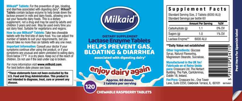 [Australia] - Milkaid Lactase Enzyme Drops Tablets for Lactose Intolerance Relief | Prevents Gas, Bloating & Diarrhea | Dairy Digestive Supplement | 0.5 Fl Oz & 120 Raspberry Flavored Tablets 
