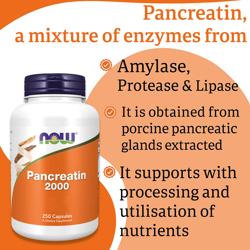 Now Foods, Pancreatin 2000, 200mg, 250 Capsules, Enzyme Blend, Gluten Free, SOYA Free, Non-GMO
