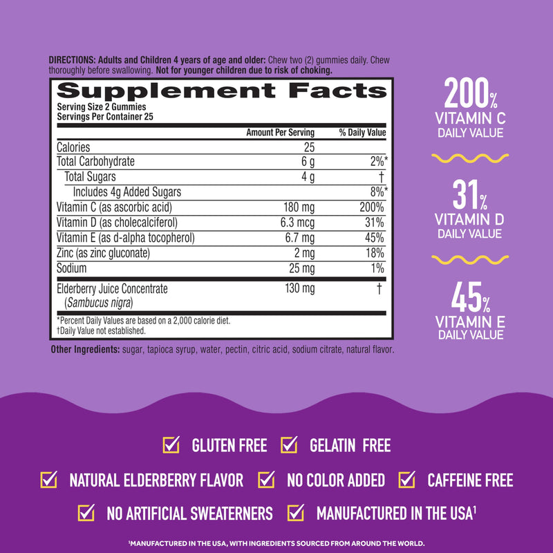 [Australia] - Airborne Elderberry + Zinc & Vitamin C Gummies For Adults, Immune Support Vitamin D & Zinc Gummies With Powerful Antioxidant Vitamins C D & E - 50 Gummies, Elderberry Flavor 50 Count (Pack of 1) Gummy 