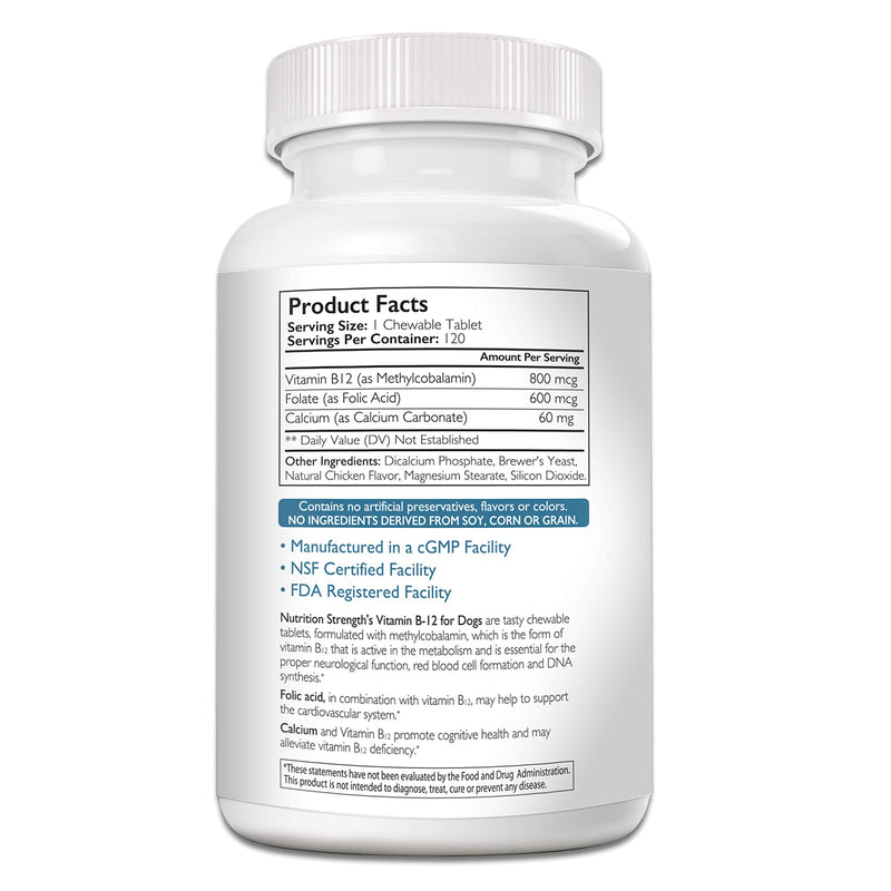 Vitamin B12 for Dogs Plus Folate & Calcium, Support the Nervous System & Blood Cell Formation, Help Sustain Cellular Energy Generation & Maintain DNA Synthesis, 120 Chewable Tablets - PawsPlanet Australia