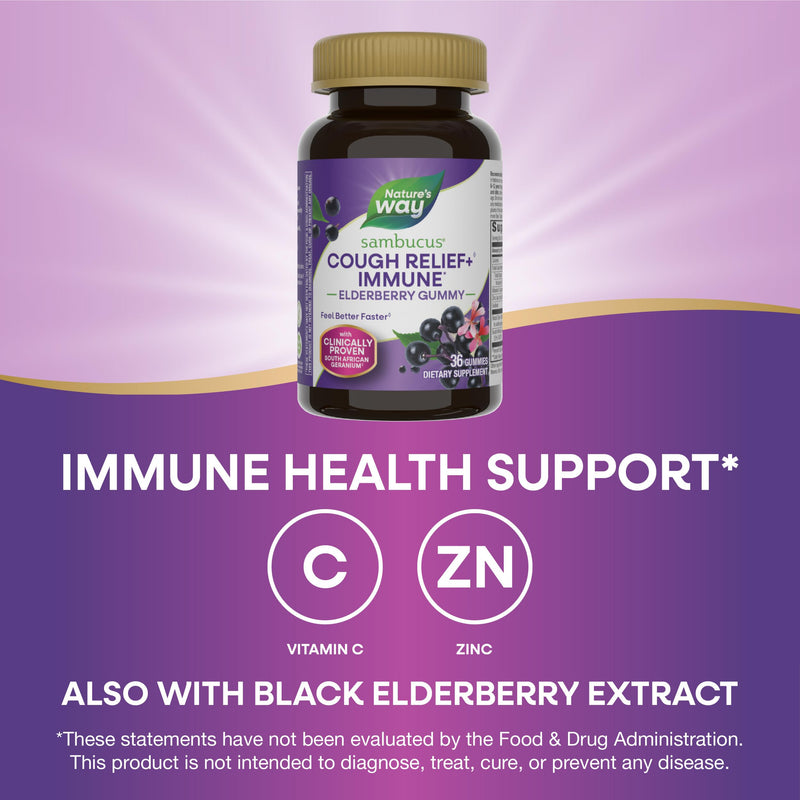 Nature's Way Sambucus Cough Relief +(1) Immune* Elderberry Gummy, 36 ct | Gummy with Clinically Proven South African Geranium Root Extract(1), Elderberry Extract, Vitamin C & Zinc 36 Count