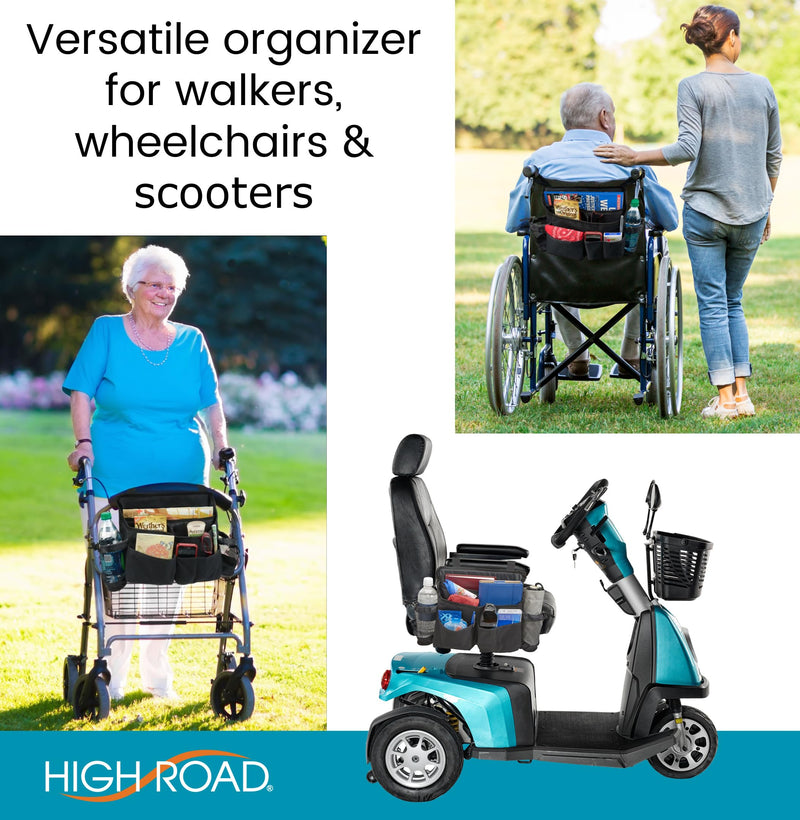 [Australia] - High Road Mobility Scooter Bag, Walker Caddy and Wheelchair Storage Bag - 8-Pocket Mobility Organizer with Bottle and Cup Holder for Wheelchairs, Walkers and Scooters Black 