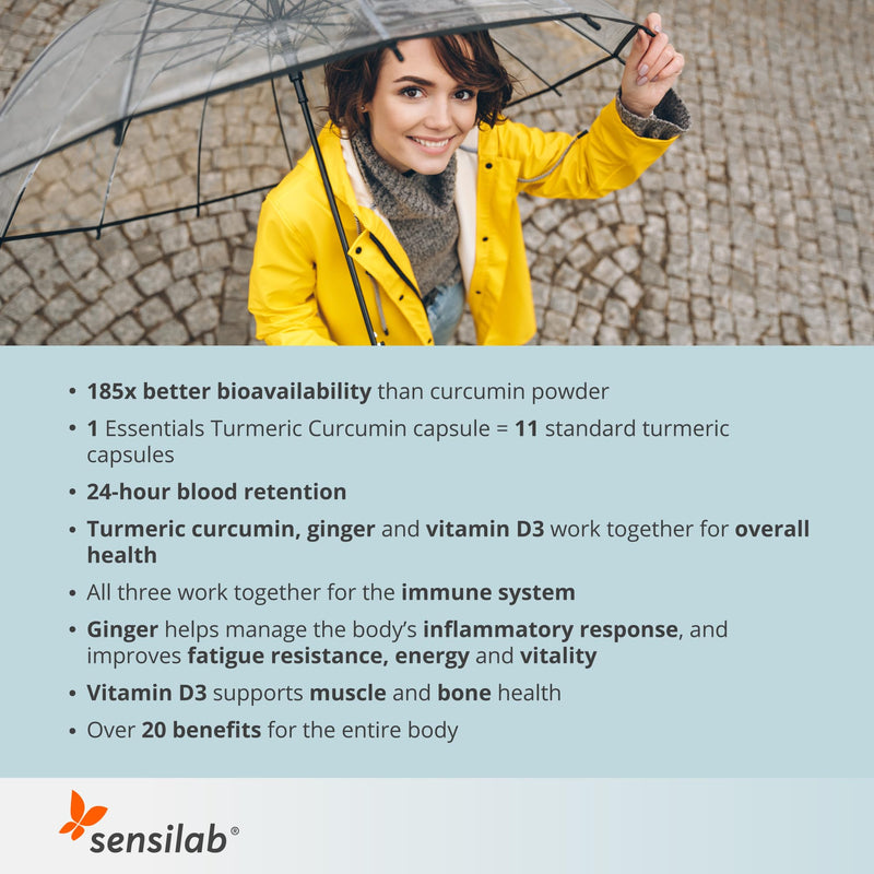 Turmeric Capsules High Strength | 1000 mg with Vitamin D3 and Ginger | 185x Higher bioavailability | Turmeric Supplement | 60 Capsules by Sensilab