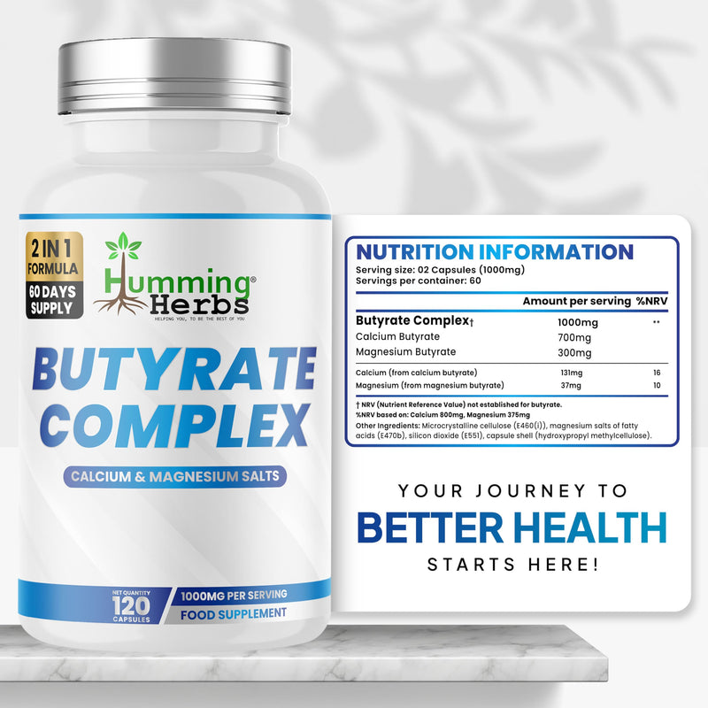 Humming Herbs Butyrate Complex | Calcium & Magnesium Butyrate Salts | 1000mg per Serving | 120 Vegan Capsules | 60 Day Supply | Mineral Salt Formula