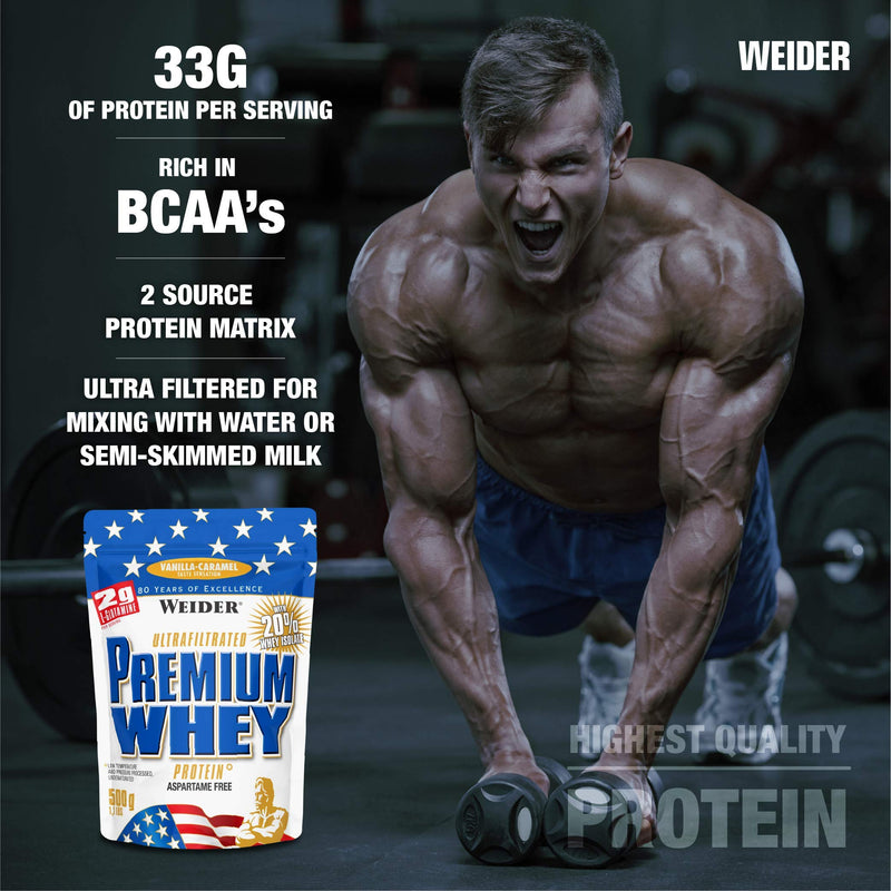 Weider Premium Whey Protein Powder, Vanilla Caramel,, 33g of Protein Per Serving, Low Carb, Whey Protein Isolate, Rich in BCAA's, 500g