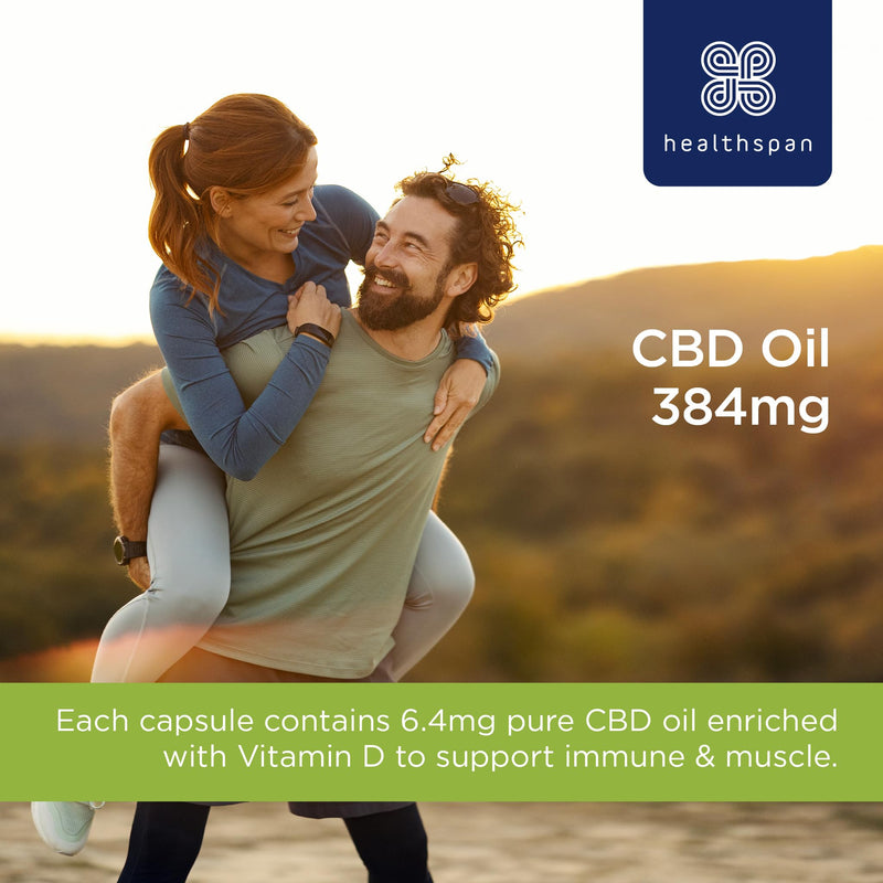 Healthspan CBD Oil Capsules 384mg (60 Capsules) | 6.4mg Pure CBD Oil Capsules | 384mg CBD per Pack | Enriched with Vitamin D