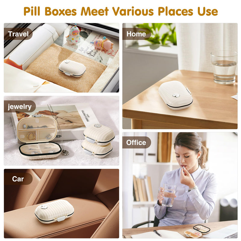 [2 Pack] Zannaki Pill Case Portable Small Weekly Travel Pill Organizer, Cute Moisture Proof Pill Box Holder for Purse, Daily Mini Pocket Pharmacy Medicine Container for Vitamin, Fish Oil, Supplement Beige/Large-2 Pack