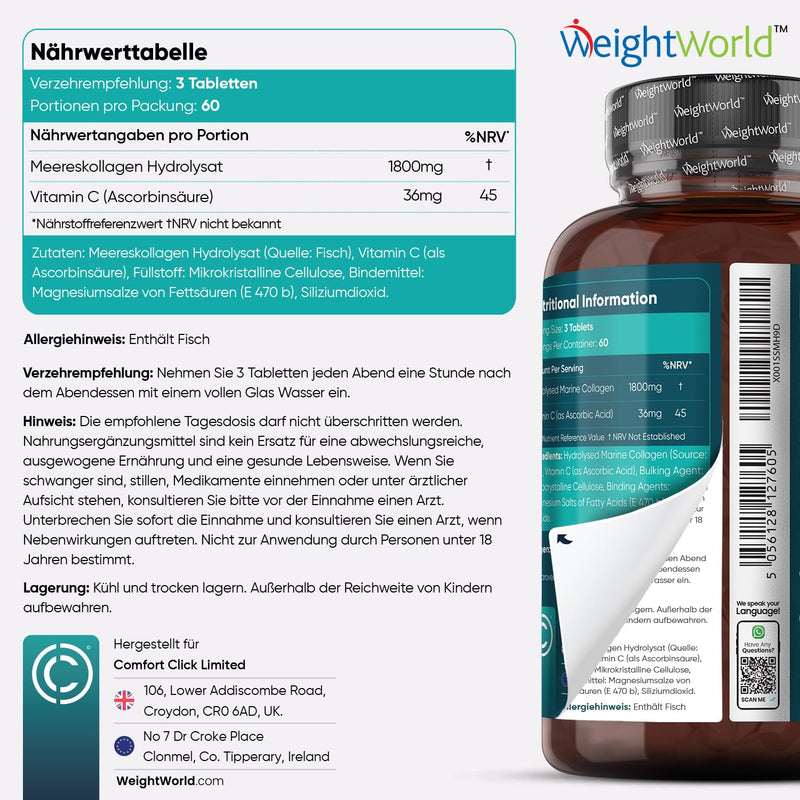 [Australia] - Collagen Tablets - 1800mg Hydrolyzed Collagen Peptides Type 1 & 3 with Vitamin C - 180 Marine Collagen Tablets - 2 Month Supply - For Cell Protection, Bones, Skin & Active Life - From WeightWorld 