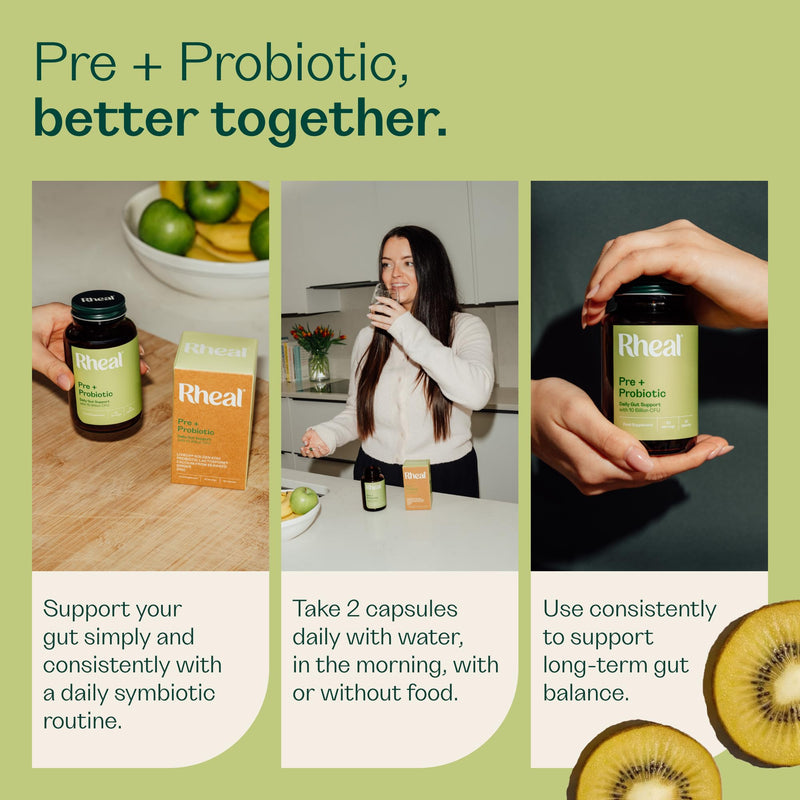 Rheal Pre + Probiotic Capsules – Gut Health Supplement with 10 Billion CFU, Lactospore® Probiotic & Prebiotic Fibre, Digestive Support for Bloating, Balance & Microbiome (30 Servings)