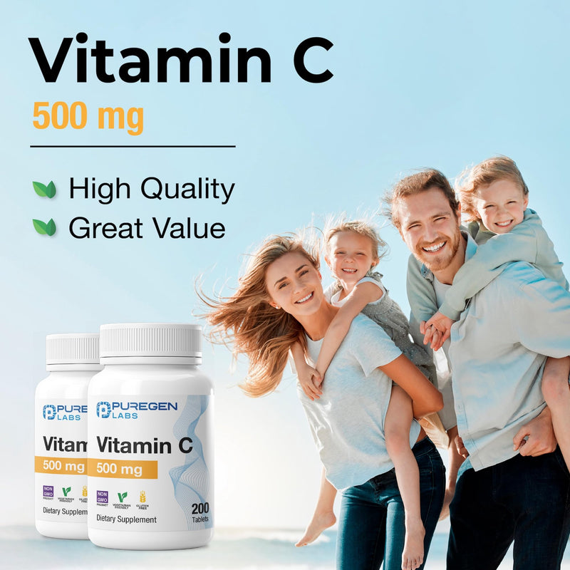 Puregen Labs Vitamin C 500 MG Supports a Healthy Immune System & Antioxidant Protection | Non-GMO | Gluten Free - 200 Tablets 200 Count (Pack of 1)