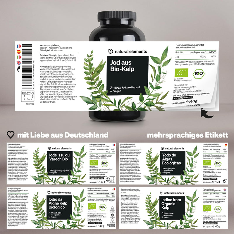 [Australia] - Iodine from organic kelp - 365 capsules - 150µg Iodine from brown algae - organic quality for the thyroid - vegan, high dosage, without unnecessary additives - produced in Germany & laboratory tested 