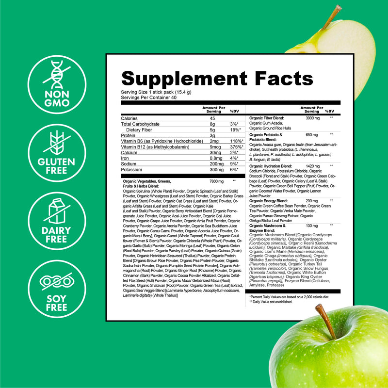 [Australia] - Zena Nutrition Organic Super Greens Energy & Hydration Powder, 70+ Superfoods, 0 Sugar, 5G Fiber, Spirulina, Chlorella, Prebiotics/Probiotics, Natural Caffeine + Electrolytes, 40 Drink Mix Packets Green Apple 0.21 Ounce (Pack of 40) 