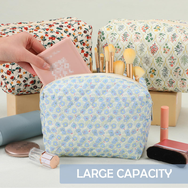 6 Pcs 8 Inch Large Quilted Makeup Bag Bulk Floral Cosmetic Bag Bridesmaid Gifts Women Floral Cotton Quilted Pouch Travel Toiletry Coquette Aesthetic Makeup Organizer for Women