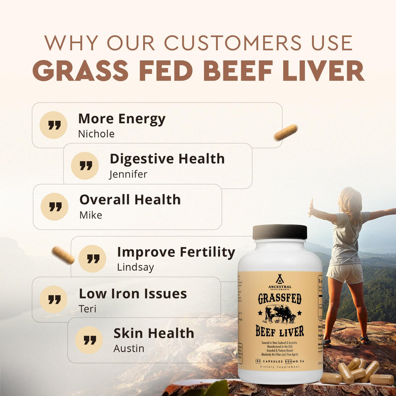 Ancestral Supplements Beef Liver Support Capsules, Iron & Energy, 180 Ct | Freeze-dried, Non-GMO Liver Rich in Heme Iron, Vitamin A & B12; Grass-fed, Desiccated, Vital Liver Support, Natural Liver