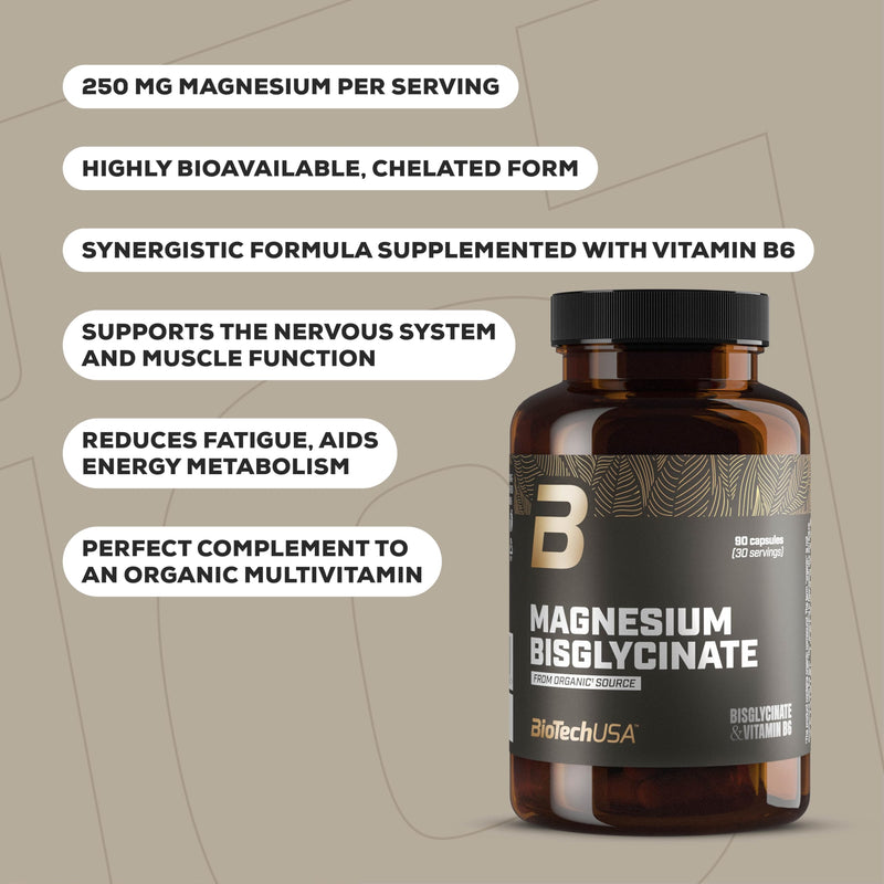BioTechUSA Magnesium Bisglycinate from Organic Sources | Magnesium + Vitamin B6 | Highly Absorbable Organic Supplement | Muscle, Nerve & Energy Support, 90 Capsules