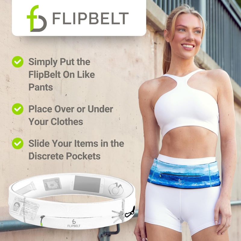 FlipBelt Zipper Running Belt, Waist Pack for Fitness and Running, US Company Medium White