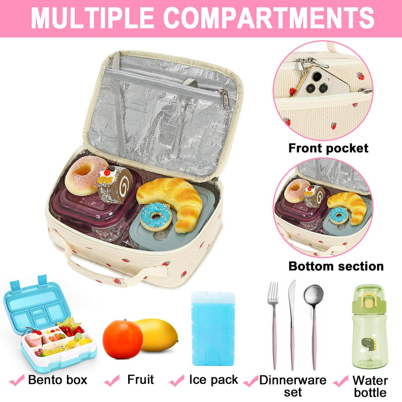 [Australia] - Bluboon Corduroy Insulated Lunch Bag for Girls - Strawberry Beige School Lunch Tote with Cooler Compartment Corduroy-strawberry 