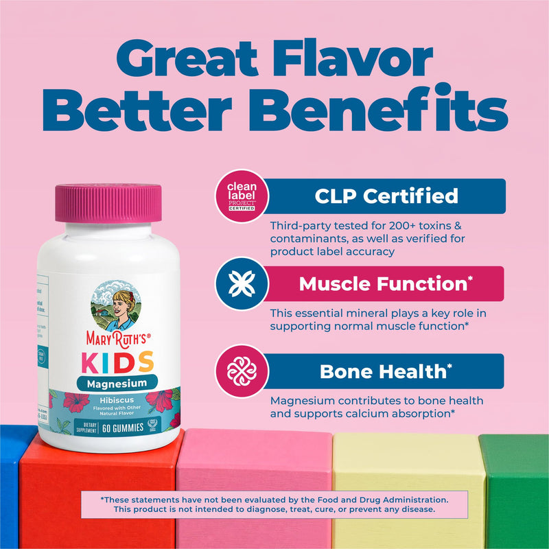 MaryRuth's Kids Magnesium Gummies, 50mg Magnesium Citrate for Kids 4+, 60ct | Bone Health, Calcium Absorption, Essential Mineral, Vegan, CLP Certified, Sugar Free, 60 Count