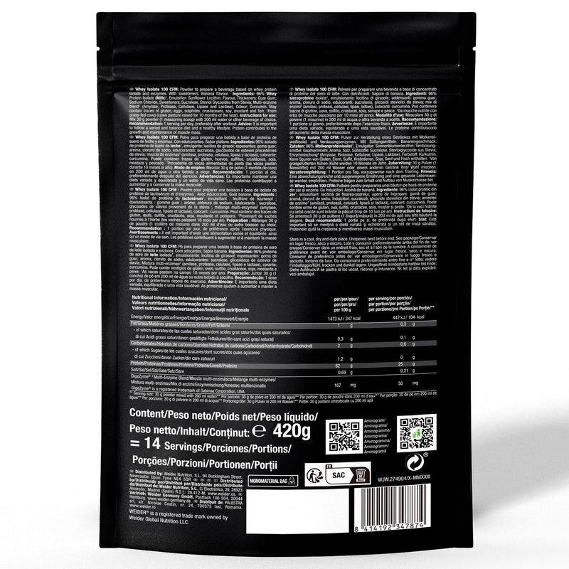 Weider Isolate Whey 100CFM (420g) Banana Flavour, Protein 100% Isolate Whey from Isolac®, 25g Protein/Portion, with Digestive Enzymes Digezyme®, No Added Sugar, No Aspartame, Low Fat, 14 Servings 420g