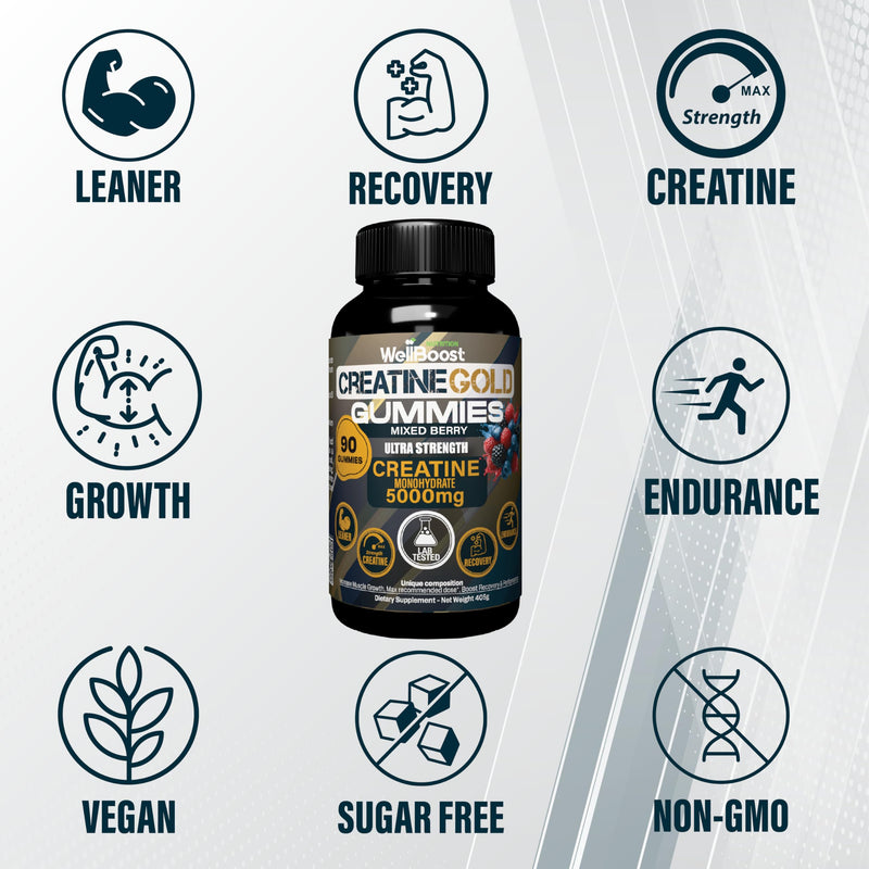 WellBoost Creatine Gold – 5000mg Creatine Monohydrate Gummies, Vegan, Sugar-Free for Lean Muscle Growth, Endurance, Recovery & Energy (90 Gummies, 1 Month Supply) with Mixed Berry Flavour G-Creatine Gold -BlueBerry 90 count (Pack of 1)