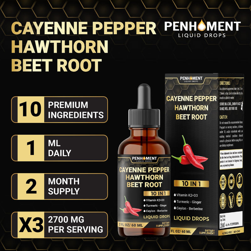 [Australia] - 10in1 Cayenne Pepper Liquid Drops + Hawthorn Berry, Vitamin D3 K2, Beet Root, Turmeric, Ginger and More - Digestion Support - 2 Fl Oz - 2 Months Supply 2 Fl Oz (Pack of 1) 