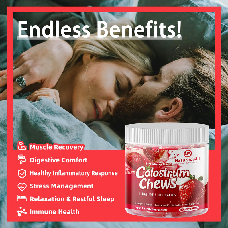 [Australia] - Colostrum Chews Supplement with probiotics for Gut Health, Bloating, Immune Support, Skin, Hair Growth and Beauty - Strawberry Flavor (60 Servings) 60 Count (Pack of 1) 
