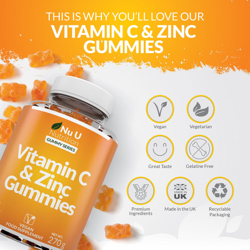 Nu U Nutrition - Vitamin C and Zinc Gummies - 90 Vegan Gummies - 120mg Vitamin C & 12mg Zinc per Serving - Natural Orange Flavour - Made in the UK