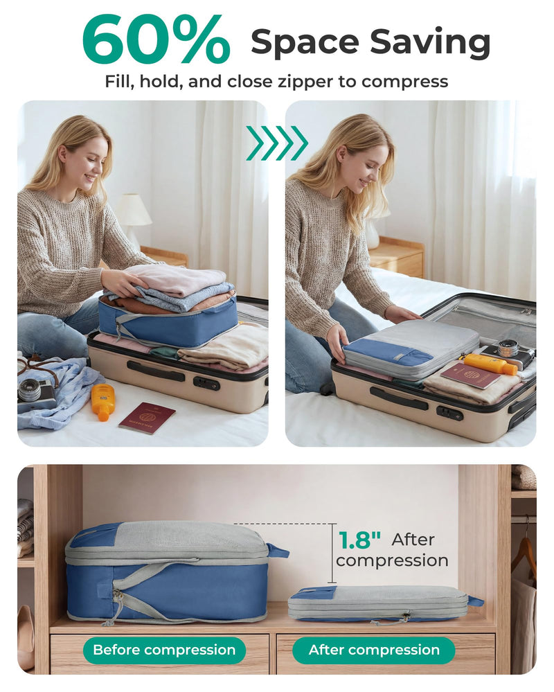 BAGSMART Compression Packing Cubes for Travel Essentials | 14 Set /6 Set /4 Set/2 Set, Lightweight, Durable Déja Vu Blue Set of 6