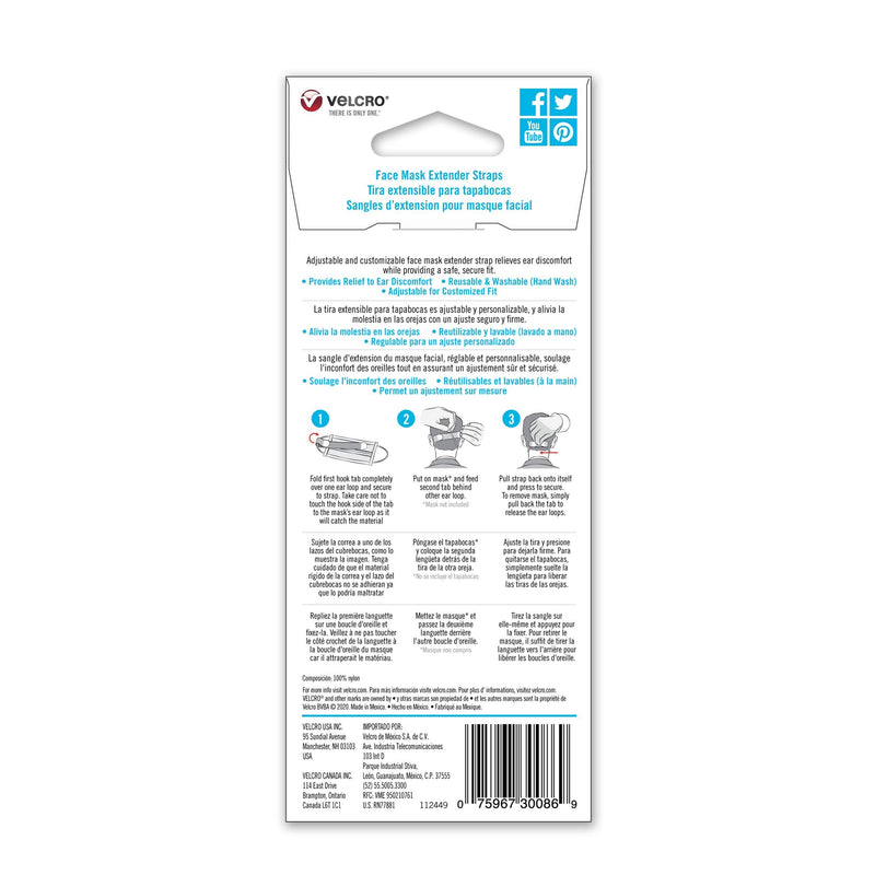[Australia] - VELCRO Brand Face Mask Extender Straps 4pk Multi-Color, 12” x 1” Comfortable and Adjustable Ear Savers, VEL-30086-USA 