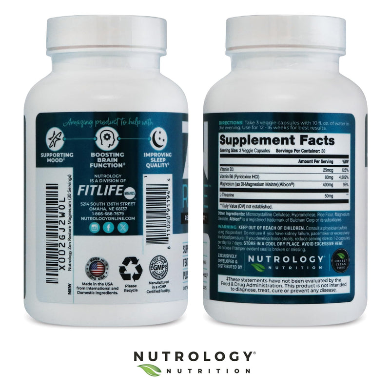 Nutrology Zen Restore – 400mg Magnesium Malate, Vitamin D3 & L-Theanine, Supports Sleep, Muscle Recovery & Adrenal Wellness, Magnesium Supplement for Men and Women, 30 Servings | Magnesium Supplement, 400mg Magnesium Malate, L-Theanine, Relaxation Supp...