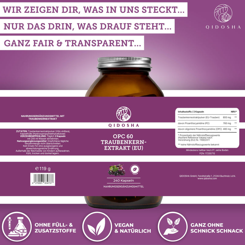 [Australia] - QIDOSHA® Premium OPC grape seed extract high dosage I TEST WINNER 08/2023* I 240 pieces in a glass I OPC capsules high dosage with 60% pure OPC I 800mg grape seed extract with 480mg OPC per daily dose I vegan glass (240 capsules) 