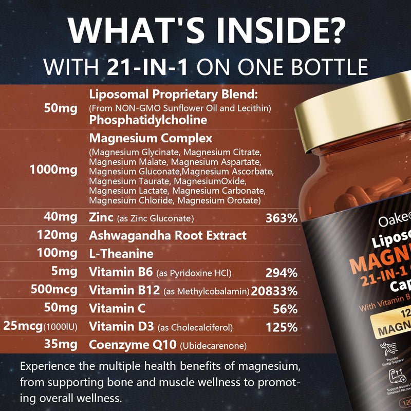 2 Packs Liposomal 12 Active Types Magnesium Complex 1400mg (Glycinate,Citrate,Malate etc) Capsule - with Vitamin D3, B6, B12, Ashwagandha & CoQ10 for Adult-Support Relaxation,Muscle & Heart 12 Types Magnesium Tasteless 120 Count (Pack of 2)