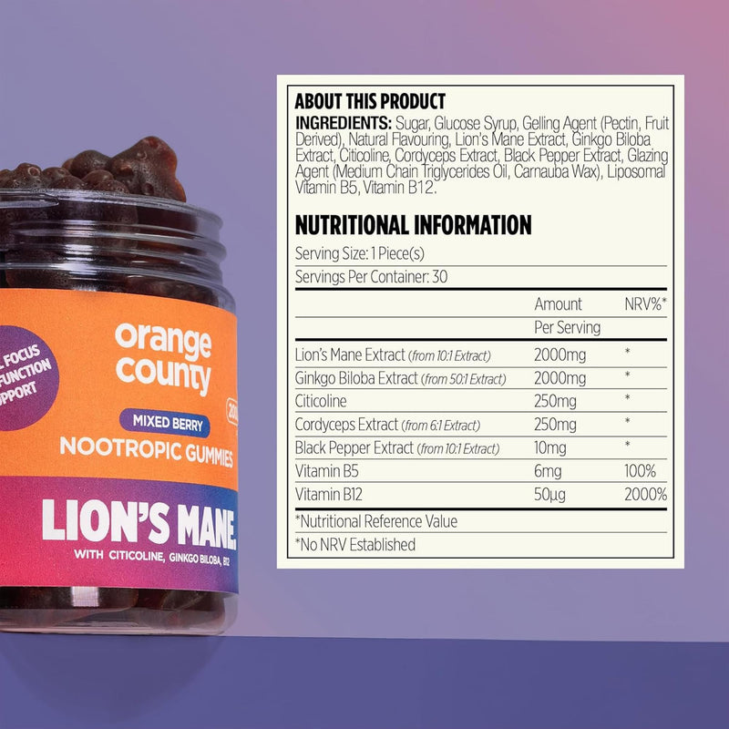 Orange County Lion's Mane Mushroom Supplement Gummies, Focus & Productivity Nootropic Gummies | 2,000mg Lion's Mane, Mixed Berry, Citicoline, Ginkgo Biloba