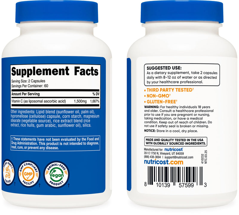 Nutricost Liposomal Vitamin C (1500mg) 120 Vegan Capsules, 60 Servings | Gluten-Free, GMO-Free 120 Count (Pack of 1)
