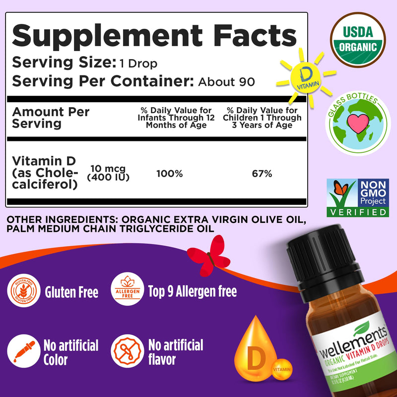 [Australia] - Wellements Baby Organic Vitamin D Drops for Infants & Toddlers (90-Day Supply) - Certified Newborn+ Liquid Vitamin D3 Drops, Support Healthy Growth & Bone Development 400 IU per Drop (1 Drop Daily) 