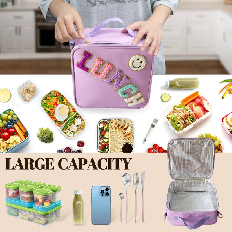[Australia] - Insulated Lunch Bag With Adjustable Shoulder Strap, Nylon Preppy Lunch Box Large Insulated Lunch Bag Reusable Lunch Tote Bag with Smiley Preppy LunchBag for Girls School Travel Picnic (Purple) Purple 