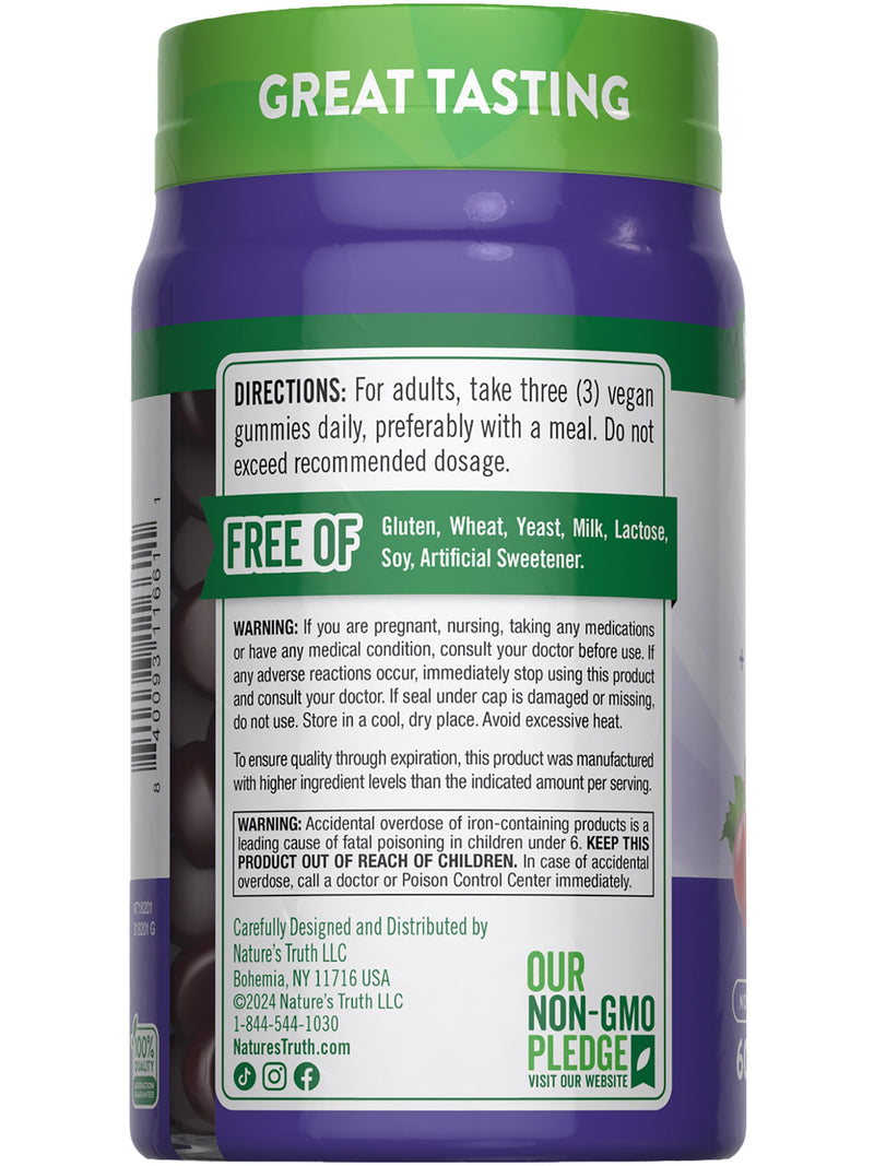 [Australia] - Natures Truth Iron Gummies | 60 count | Vegan, Non-GMO & Gluten Free Supplement | with Zinc & B Vitamins | Grape Flavor 