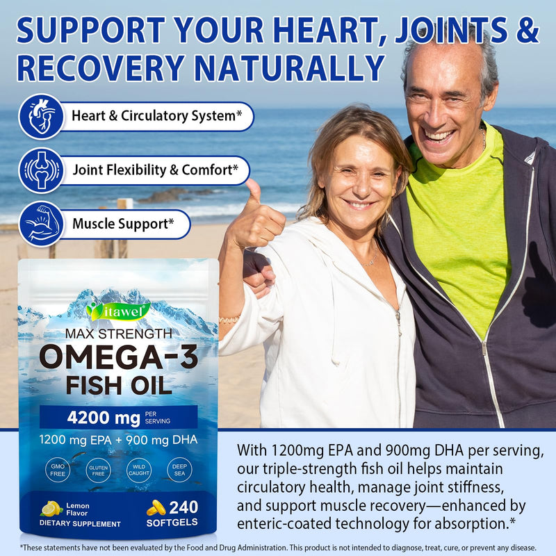 Omega 3 Fish Oil Supplements,4200mg Per Serving| EPA 1200mg + DHA 900mg | Lemon Flavored | 240 Softgels |Non-GMO, Gluten-Free, No Aftertaste