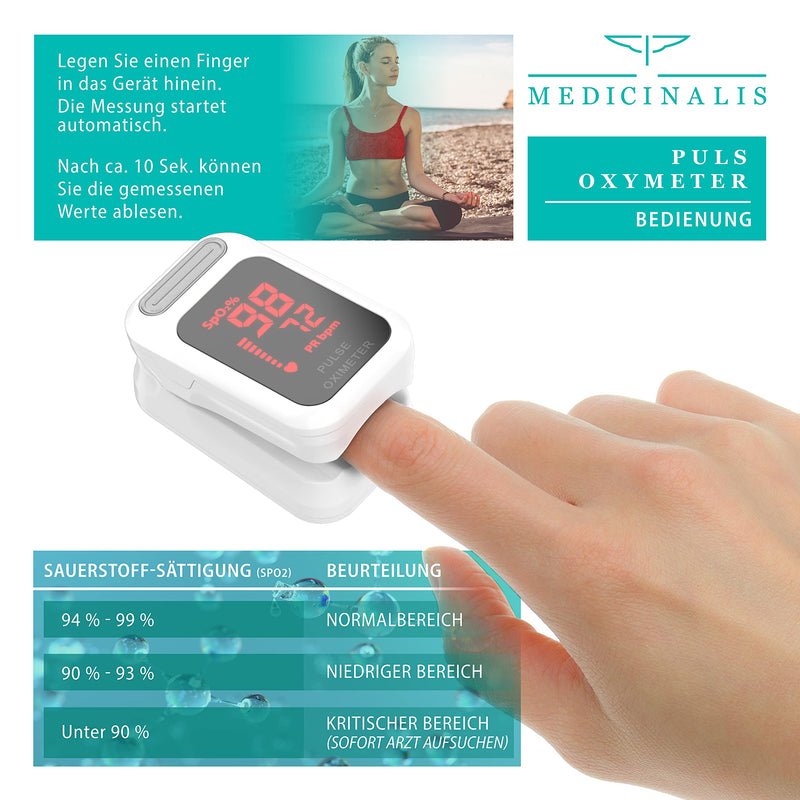 [Australia] - Medicinalis - Pulse oximeter finger - heart rate - SpO2 saturation - battery display - finger pulse oximeter - measurement of pulse and oxygen saturation on the finger - OLED display - alarm - one touch operation 