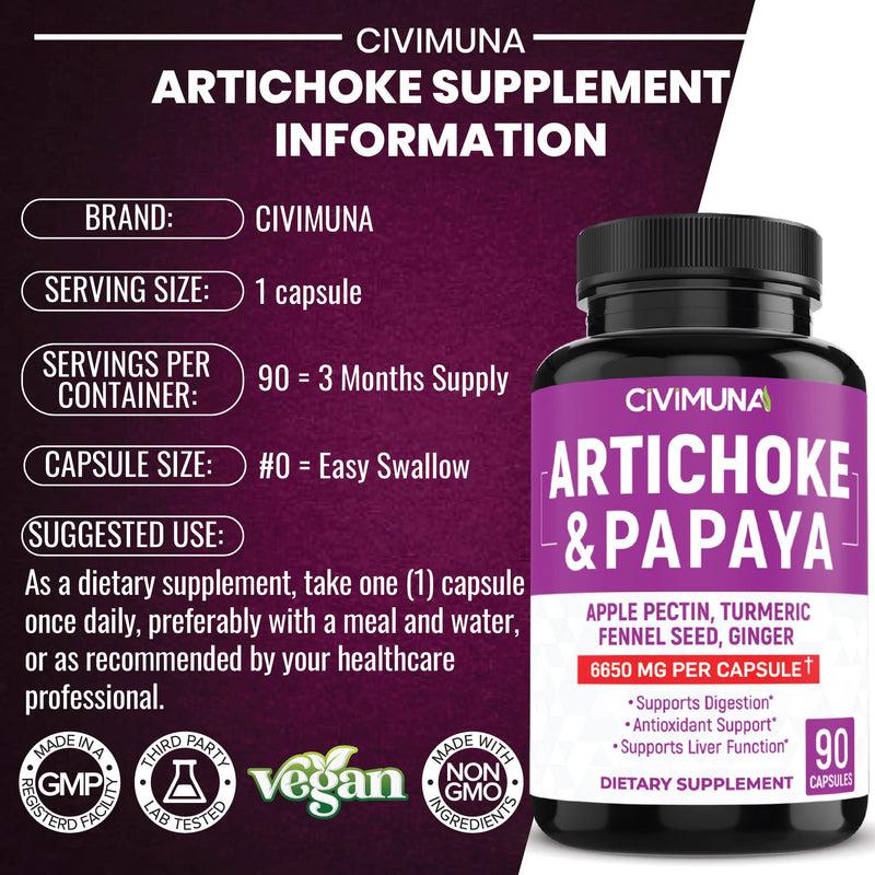[Australia] - Artichoke Capsules 6650mg - Artichoke, Papaya, Apple Pectin - 3 Months Supply 
