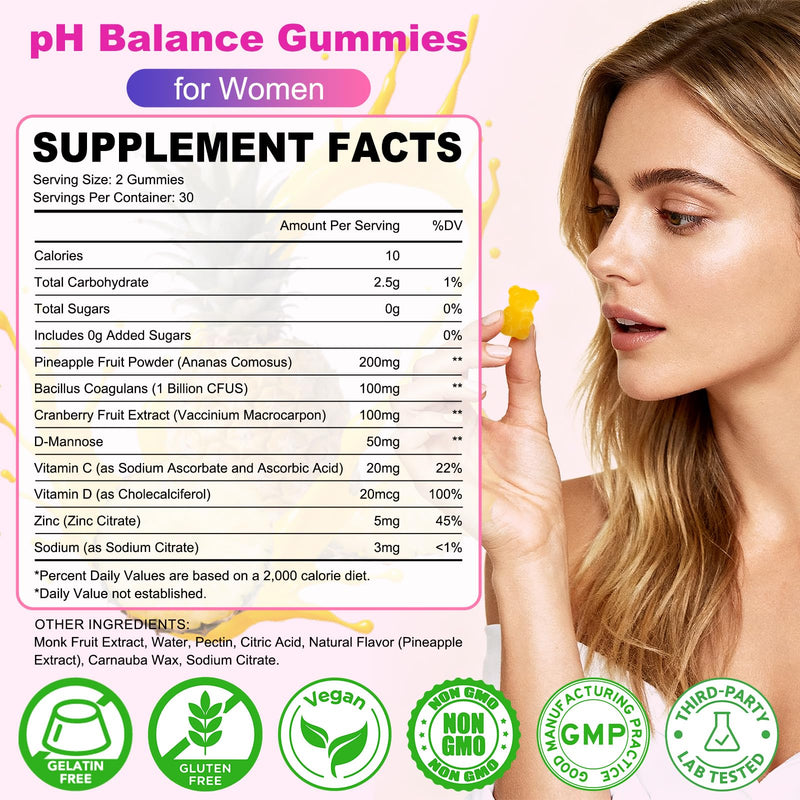 2 Packs Feminine Balance Gummies for Women, Pineapple Flavor | PH Balance Gummies Support Women's Health, Vaginal Flora, Gut Health & Immune System, Vegan, Gelatin & Gluten-Free, 120 Count 60 Count (Pack of 2)