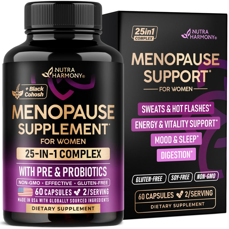 [Australia] - Menopause Supplements for Women - Dong Quai, Black Cohosh, Pre & Probiotics - Sweats & Hot Flashes Relief - Digestion, Sleep & Mood Support - 25-in-1 Perimenopause Complex - Made in USA - 60 Capsules 60 Count (Pack of 1) 