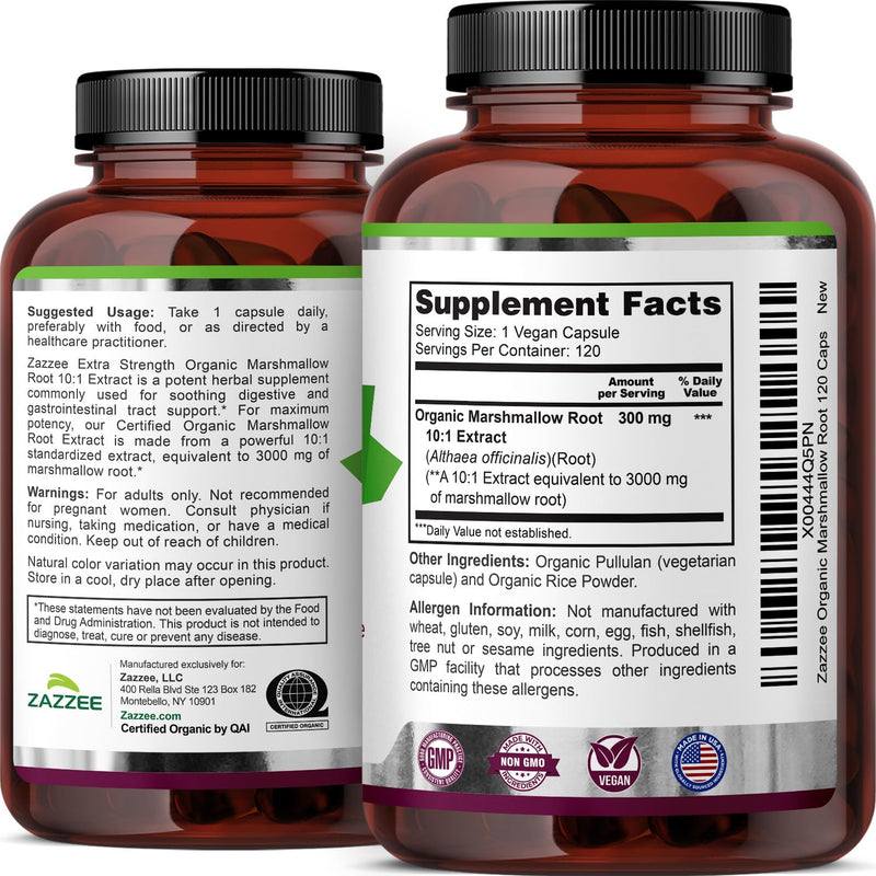 [Australia] - Zazzee USDA Organic Marshmallow Root 10:1 Extract, 3000 mg Strength, 120 Vegan Capsules, 4 Month Supply, Standardized, Concentrated 10X Extract, 100% Vegetarian, All-Natural, Non-GMO, Made in The USA 