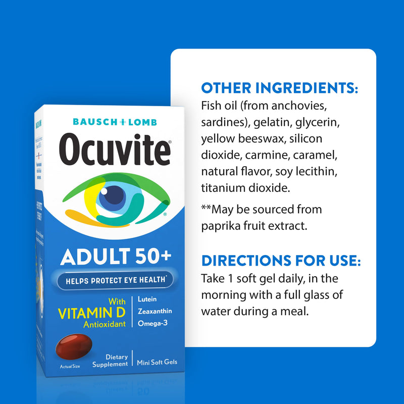 Ocuvite 50+ Eye Vitamin & Mineral Supplement, Multivitamin for Vision & Ocular Health with Omega-3, Zinc, Vitamins C & E, Lutein & Zeaxanthin, Zinc Supplements for Women and Men, 50 Softgels 50 Count (Pack of 1)